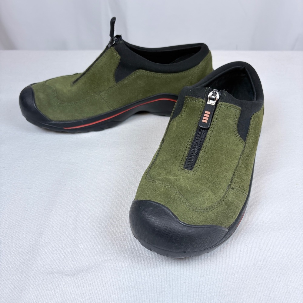 Lands End Womens All Weather Suede Mocs Green Zip Up Shoes 8.5 B Trek Gorpcore